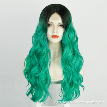 Vigorous Cheap Vendor Ombre Swiss Lace Synthetic Hair Wholesale Cosplay Long Curly Body Wave Green Black Women Lace Front Wigs